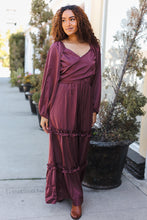 Load image into Gallery viewer, Holiday Vibes Wine Satin Front Overlap Smocked Back Maxi Dress