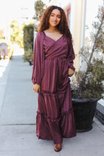 Load image into Gallery viewer, Holiday Vibes Wine Satin Front Overlap Smocked Back Maxi Dress