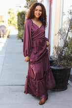 Load image into Gallery viewer, Holiday Vibes Wine Satin Front Overlap Smocked Back Maxi Dress