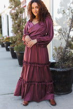 Load image into Gallery viewer, Holiday Vibes Wine Satin Front Overlap Smocked Back Maxi Dress