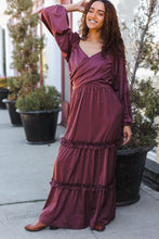 Load image into Gallery viewer, Holiday Vibes Wine Satin Front Overlap Smocked Back Maxi Dress