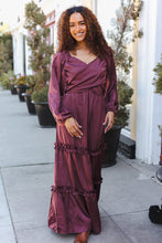 Load image into Gallery viewer, Holiday Vibes Wine Satin Front Overlap Smocked Back Maxi Dress