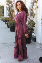 Load image into Gallery viewer, Holiday Vibes Wine Satin Front Overlap Smocked Back Maxi Dress