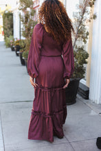 Load image into Gallery viewer, Holiday Vibes Wine Satin Front Overlap Smocked Back Maxi Dress