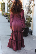 Load image into Gallery viewer, Holiday Vibes Wine Satin Front Overlap Smocked Back Maxi Dress