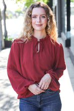 Load image into Gallery viewer, Feeling Femme Off Burgundy Frilled Edge V Neck Tie Top