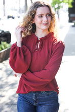 Load image into Gallery viewer, Feeling Femme Off Burgundy Frilled Edge V Neck Tie Top