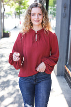 Load image into Gallery viewer, Feeling Femme Off Burgundy Frilled Edge V Neck Tie Top