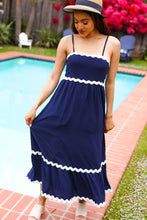 Load image into Gallery viewer, Bold & Sassy Navy Square Neck Ric Rac Trim Adjustable Straps Maxi