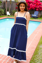 Load image into Gallery viewer, Bold & Sassy Navy Square Neck Ric Rac Trim Adjustable Straps Maxi