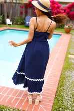 Load image into Gallery viewer, Bold & Sassy Navy Square Neck Ric Rac Trim Adjustable Straps Maxi