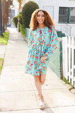 Load image into Gallery viewer, Feeling Femme Aqua Floral Ribbon Bow Tie Babydoll Dress