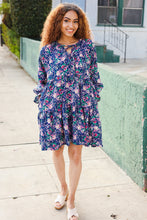 Load image into Gallery viewer, Feeling Joyful Navy Floral Bow Tie Babydoll Long Ruffle Sleeve Dress