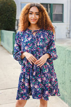Load image into Gallery viewer, Feeling Joyful Navy Floral Bow Tie Babydoll Long Ruffle Sleeve Dress