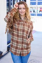 Load image into Gallery viewer, Boldly You Taupe & Rust Flannel Plaid Fringe Jacket