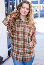 Load image into Gallery viewer, Boldly You Taupe & Rust Flannel Plaid Fringe Jacket