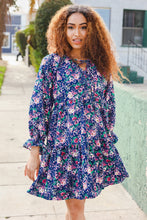 Load image into Gallery viewer, Feeling Joyful Navy Floral Bow Tie Babydoll Long Ruffle Sleeve Dress