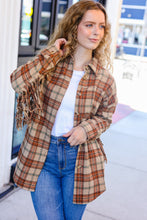Load image into Gallery viewer, Boldly You Taupe & Rust Flannel Plaid Fringe Jacket