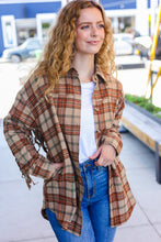 Load image into Gallery viewer, Boldly You Taupe & Rust Flannel Plaid Fringe Jacket