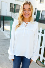 Load image into Gallery viewer, Eyes On You Ivory Ribbon Tie Bow Square Neck Ruffle Bubble Sleeve Blouse