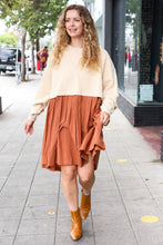 Load image into Gallery viewer, Bedazzled Cream & Rust Pleated Skirt French Terry Cotton Dress