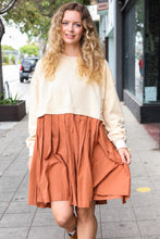 Load image into Gallery viewer, Bedazzled Cream & Rust Pleated Skirt French Terry Cotton Dress