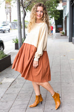 Load image into Gallery viewer, Bedazzled Cream & Rust Pleated Skirt French Terry Cotton Dress