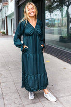 Load image into Gallery viewer, Elegant Hunter Green Elastic V Neck Tiered Satin Maxi Dress