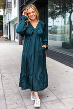 Load image into Gallery viewer, Elegant Hunter Green Elastic V Neck Tiered Satin Maxi Dress