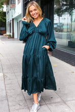 Load image into Gallery viewer, Elegant Hunter Green Elastic V Neck Tiered Satin Maxi Dress