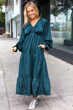 Load image into Gallery viewer, Elegant Hunter Green Elastic V Neck Tiered Satin Maxi Dress