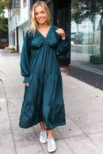 Load image into Gallery viewer, Elegant Hunter Green Elastic V Neck Tiered Satin Maxi Dress