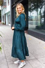 Load image into Gallery viewer, Elegant Hunter Green Elastic V Neck Tiered Satin Maxi Dress