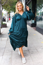 Load image into Gallery viewer, Elegant Hunter Green Elastic V Neck Tiered Satin Maxi Dress
