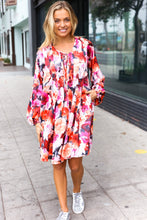 Load image into Gallery viewer, Diva Dreams Coral & Charcoal Floral Tie Neck Pintuck Satin Dress