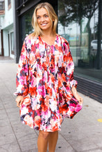 Load image into Gallery viewer, Diva Dreams Coral & Charcoal Floral Tie Neck Pintuck Satin Dress