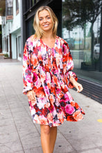 Load image into Gallery viewer, Diva Dreams Coral & Charcoal Floral Tie Neck Pintuck Satin Dress