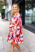Load image into Gallery viewer, Diva Dreams Coral & Charcoal Floral Tie Neck Pintuck Satin Dress