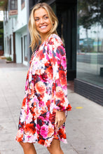 Load image into Gallery viewer, Diva Dreams Coral & Charcoal Floral Tie Neck Pintuck Satin Dress