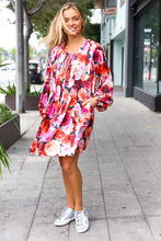 Load image into Gallery viewer, Diva Dreams Coral & Charcoal Floral Tie Neck Pintuck Satin Dress