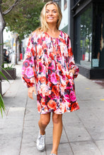 Load image into Gallery viewer, Diva Dreams Coral & Charcoal Floral Tie Neck Pintuck Satin Dress