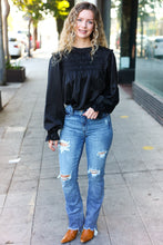 Load image into Gallery viewer, Be Your Best Black Satin Shirred Yoke Frilled Mock Neck Top