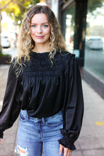 Load image into Gallery viewer, Be Your Best Black Satin Shirred Yoke Frilled Mock Neck Top