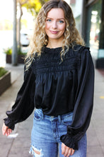 Load image into Gallery viewer, Be Your Best Black Satin Shirred Yoke Frilled Mock Neck Top