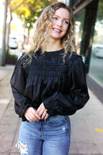 Load image into Gallery viewer, Be Your Best Black Satin Shirred Yoke Frilled Mock Neck Top