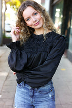 Load image into Gallery viewer, Be Your Best Black Satin Shirred Yoke Frilled Mock Neck Top