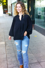 Load image into Gallery viewer, Boho Vibes Black Notched Neck Smocked Bubble Sleeve Top