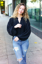Load image into Gallery viewer, Boho Vibes Black Notched Neck Smocked Bubble Sleeve Top