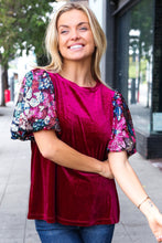 Load image into Gallery viewer, Diva Dreams Wine Floral Sequin Puff Sleeve Velvet Top