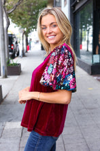 Load image into Gallery viewer, Diva Dreams Wine Floral Sequin Puff Sleeve Velvet Top